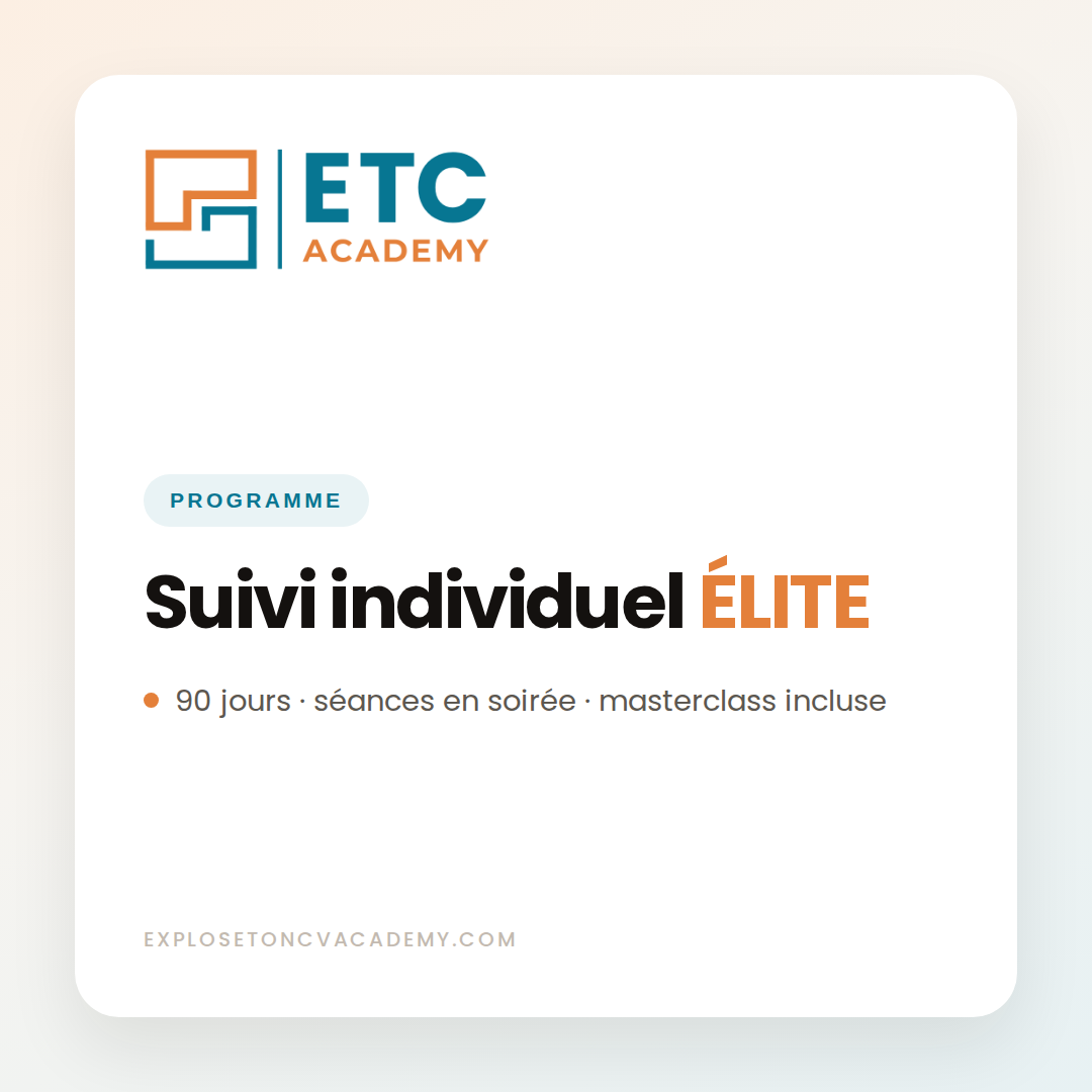 Programme de suivi individuel ÉLITE sur 90 jours, séances en soirée, ETC Academy