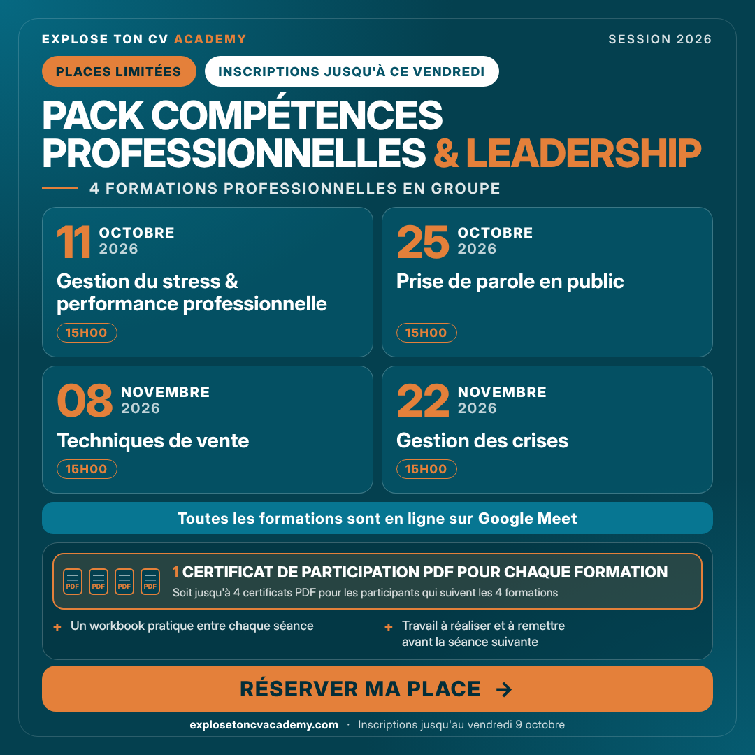 Pack Compétences Professionnelles & Leadership, 4 formations en groupe, places limitées