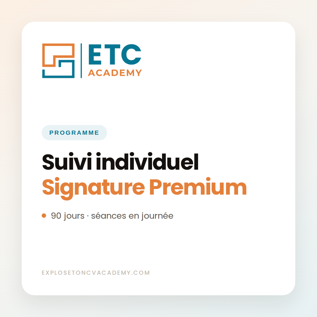 Programme de suivi individuel Signature Premium sur 90 jours, séances en journée, ETC Academy