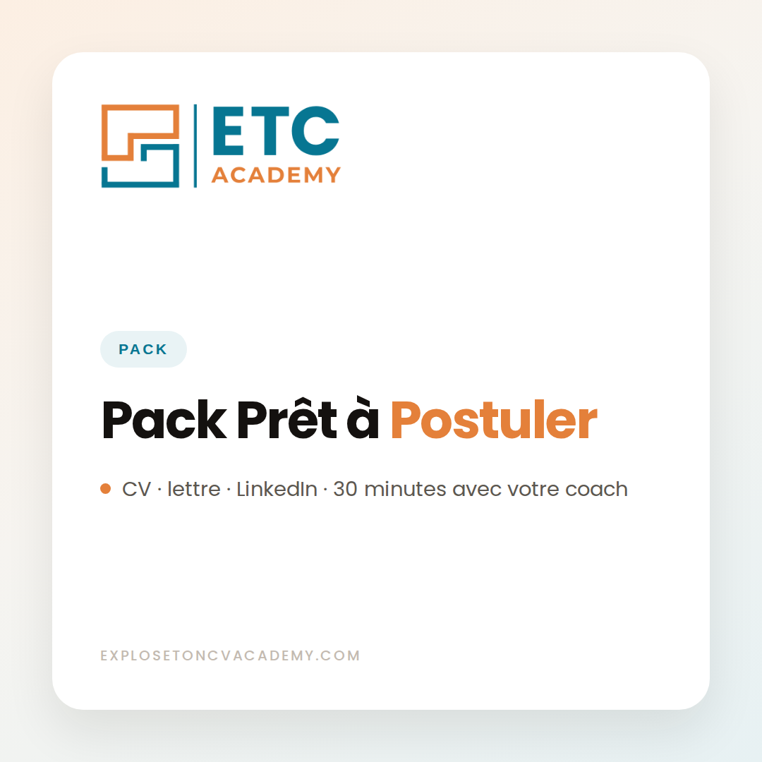 Pack Prêt à Postuler, CV, lettre, LinkedIn et consultation de 30 minutes, ETC Academy
