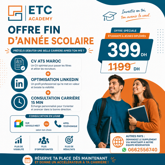 Offre Jeunes Diplômés 2026 (CV ATS Maroc, Optimisation LinkedIn et Conseil Carrière) - En Ligne
